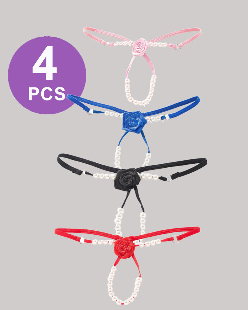 Pearl Rose Thong Panty Set, 4 PCS, featuring rose and pearl details in various colors.