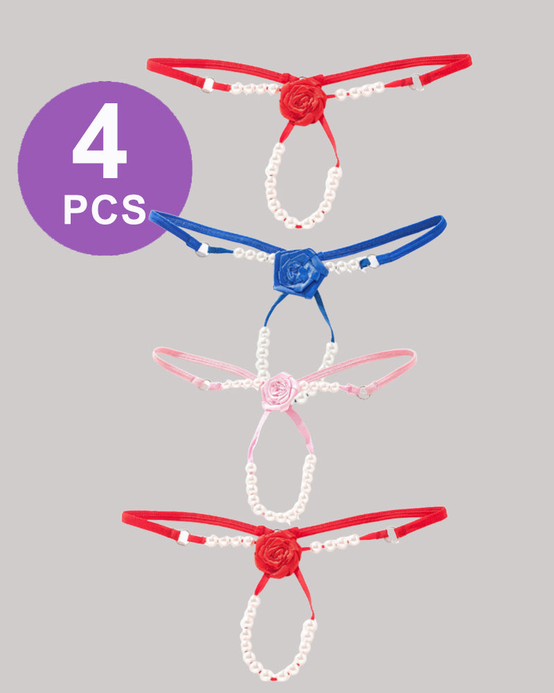 Pearl Rose Thong Panty Set, 4 PCS, with rose and pearl details. Low waist, sexy lingerie.