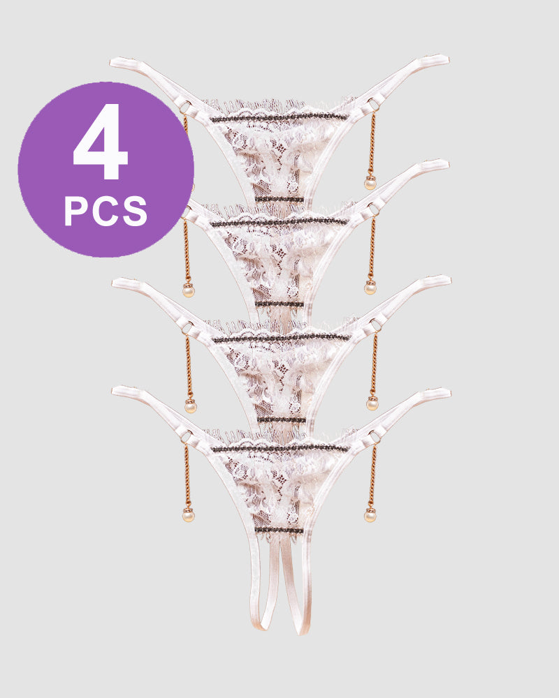 Set of four white lace crotchless thong panties with pearl pendant details, 4 PCS, Avidlove lingerie