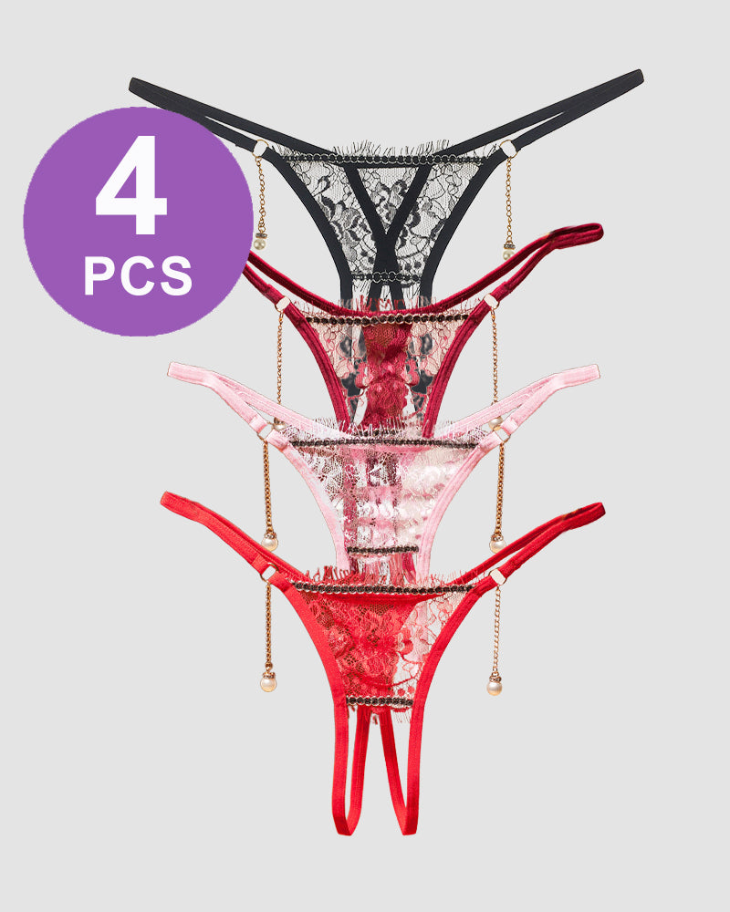 Crotchless Thong Panty Set by Avidlove - 4 PCS, with lace and pearl details.