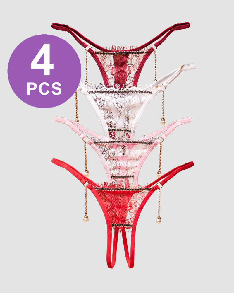 Avidlove Crotchless Thong Panty Set - 4 PCS, lace thongs with pearl accents in various colors.
