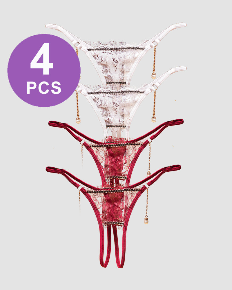 Crotchless thong panty set by Avidlove, 4 PCS, with lace and pearl pendant details in white and red.