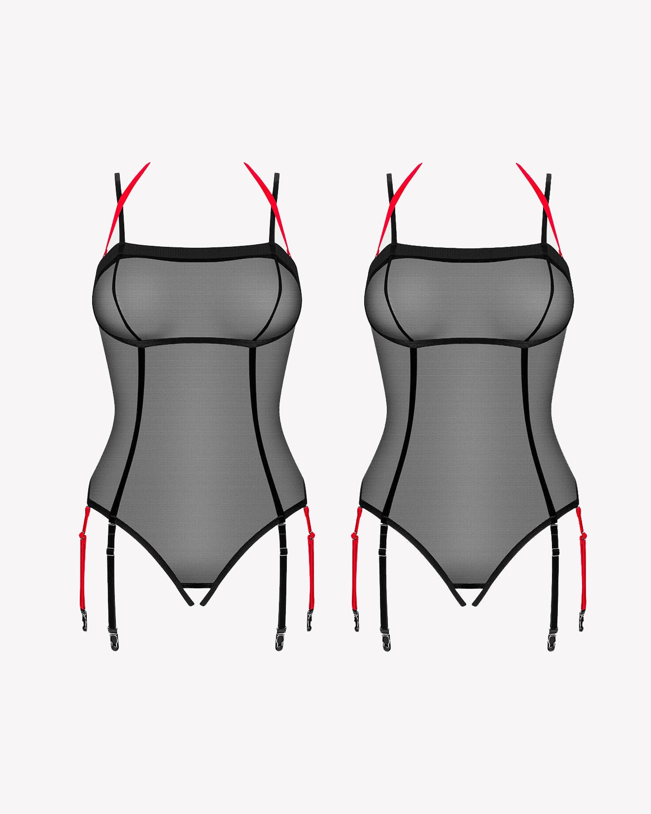 Sheer black mesh crotchless teddy lingerie with red accents and garter straps