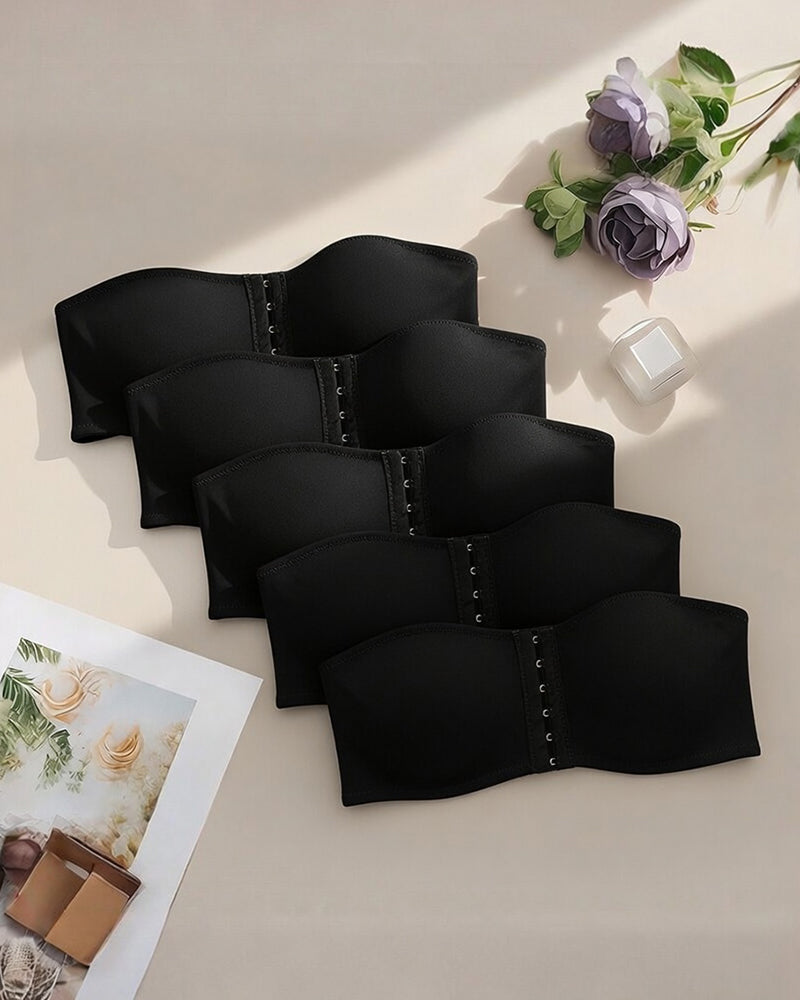Black strapless hook-front bandeau bra set with multi-row cups and center hooks