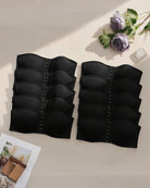 Black strapless hook-front bandeau bra pair with multi-row cups and center hooks