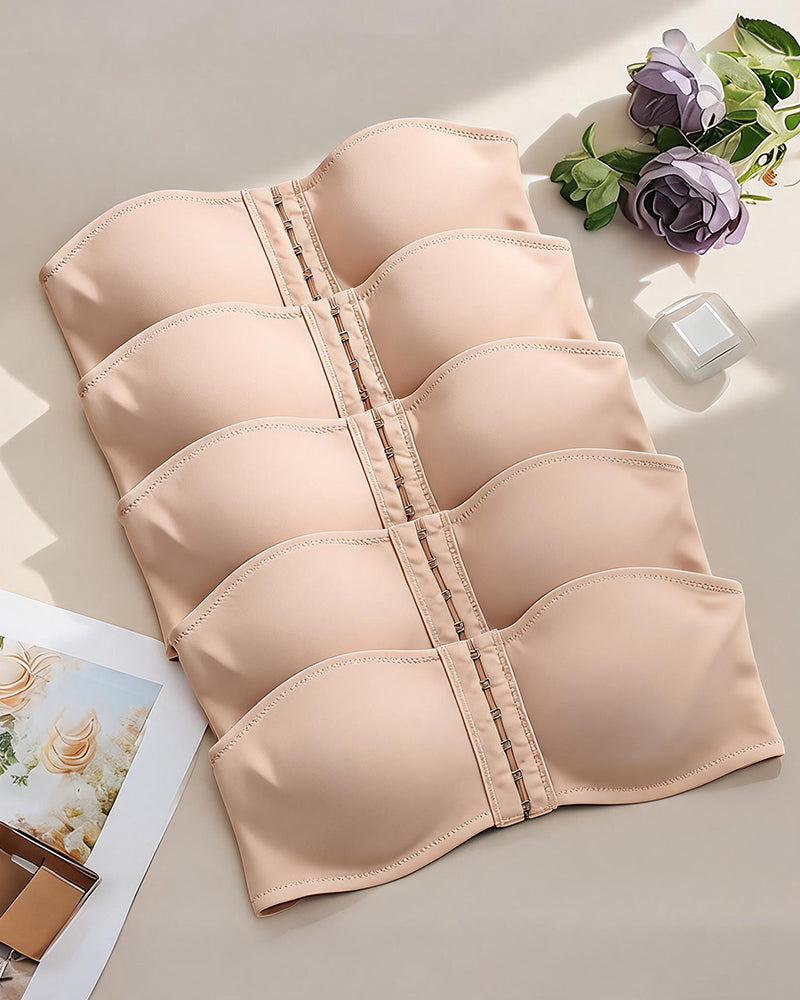 Nude strapless hook-front bandeau bra set with multi-row cups and center hooks