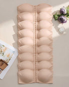 Nude strapless hook-front bandeau bra with multi-row cups, vertical hook closure