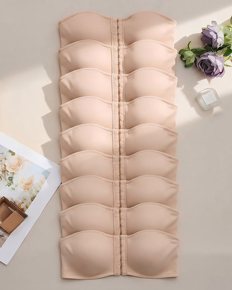 Nude strapless hook-front bandeau bra with multi-row cups, vertical hook closure
