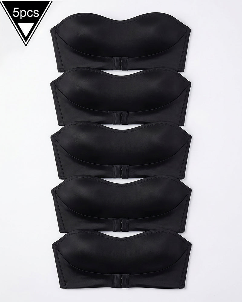 Set of 5 black strapless bandeau tops with front buckle closure