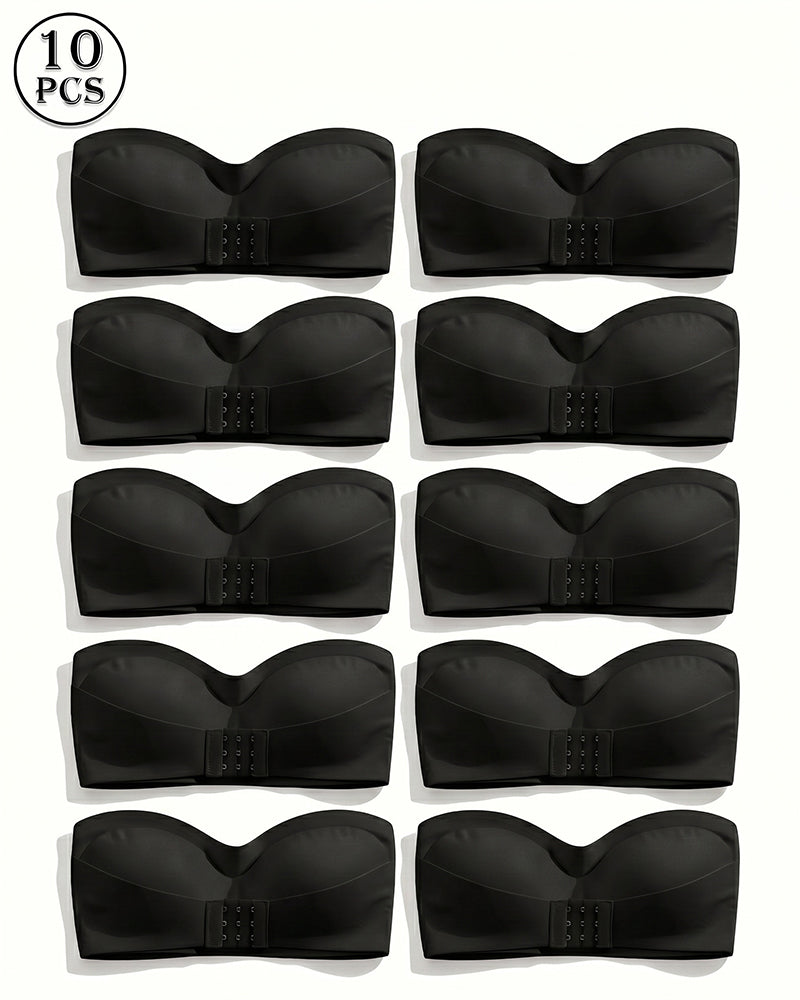 Set of 10 black strapless bandeau tops with front buckle closure