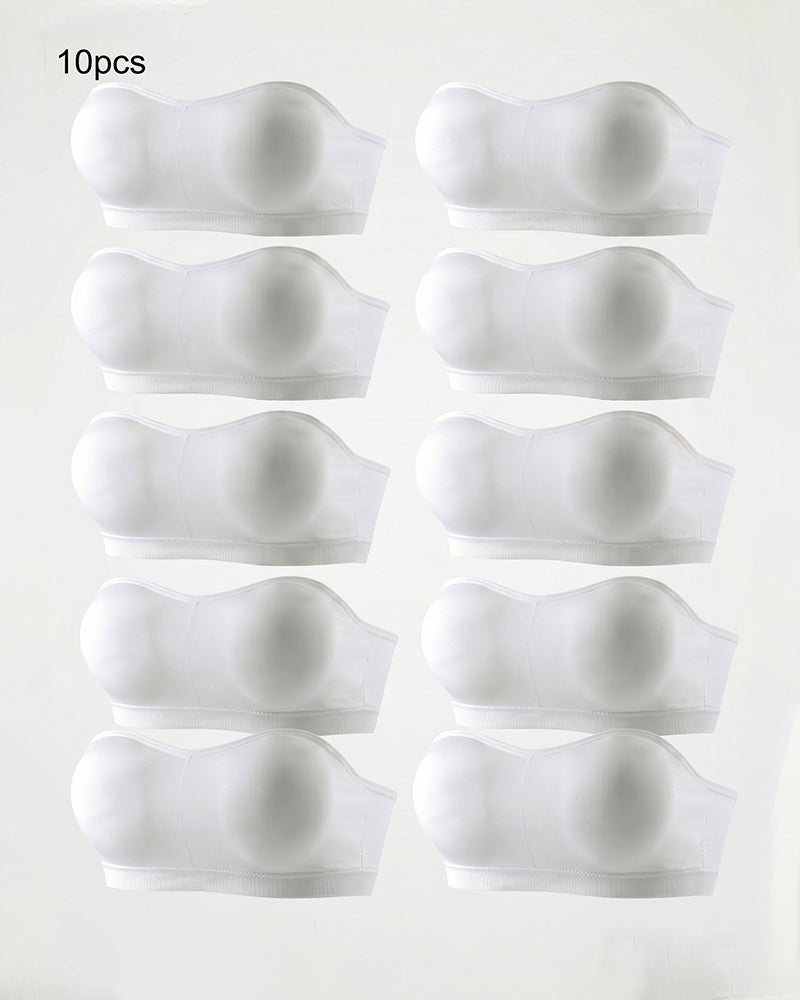 Seamless strapless bandeau bras, padded tube style, white assortment