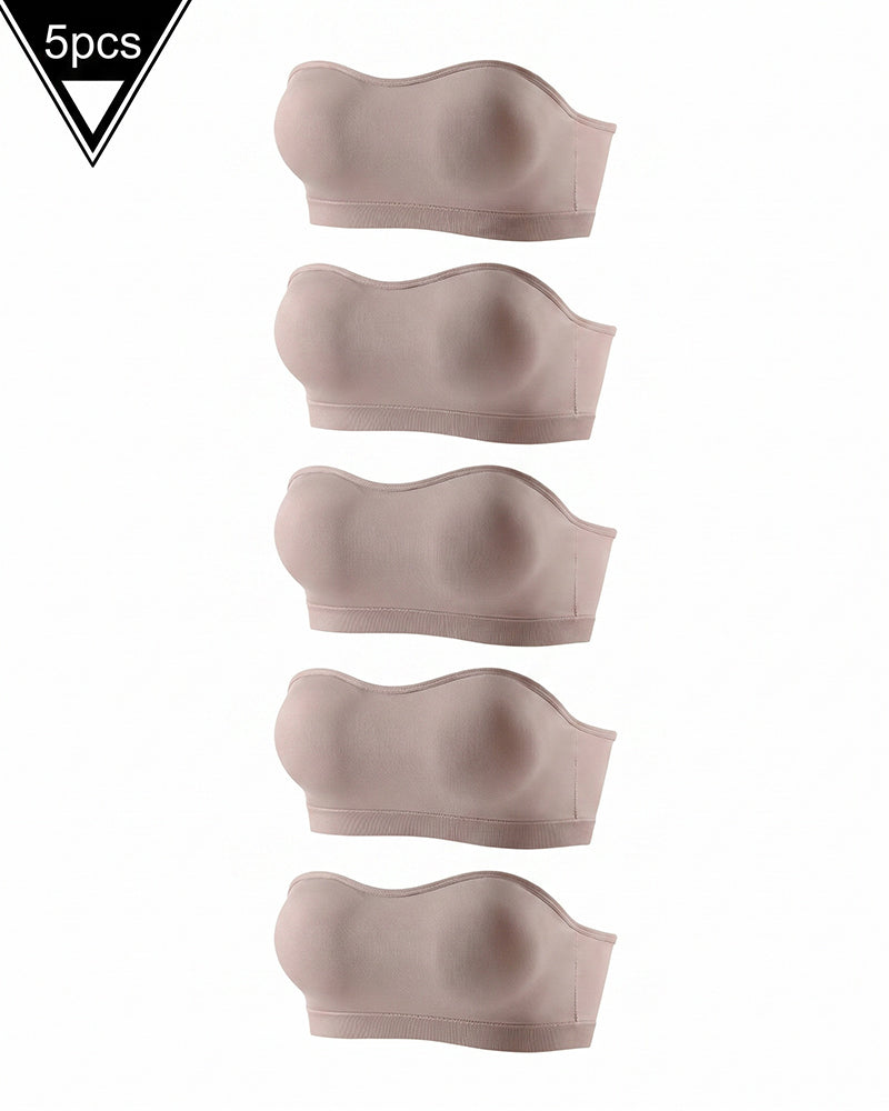 Seamless strapless bandeau bra set, padded tube style, nude