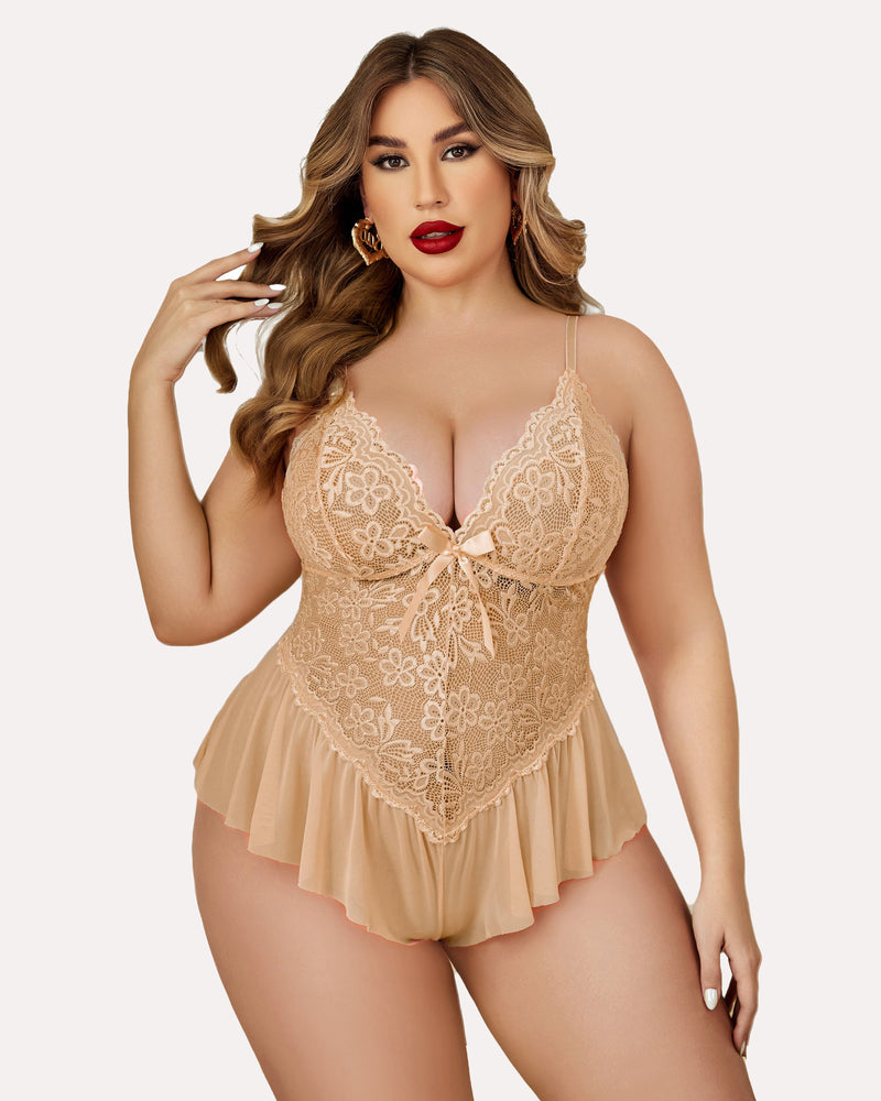 Plus size peach lace teddy bodysuit with adjustable straps and ruffle trim, sexy lingerie for women