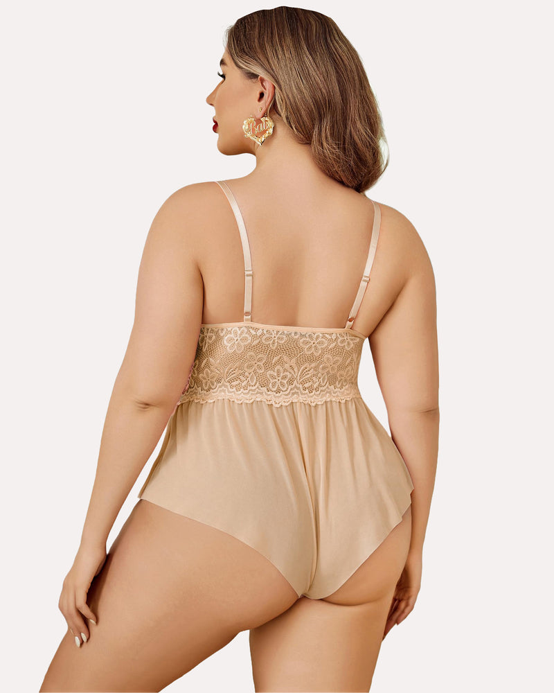 Plus size beige lace teddy bodysuit with floral lace and adjustable straps. Sexy lingerie.