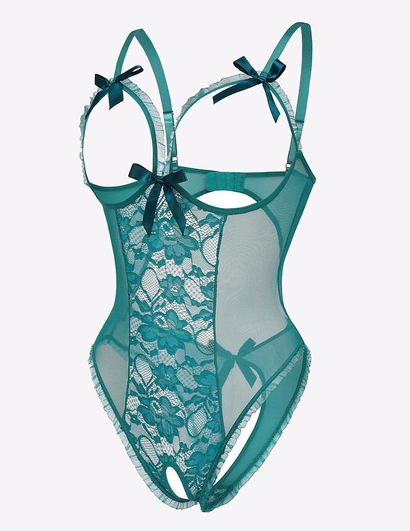 Teal cut-out lace bodysuit with adjustable straps, backless and bow details