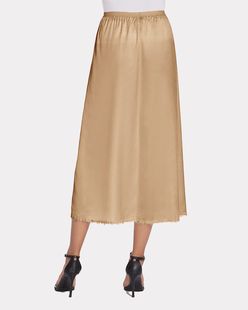 Beige satin half slip long underskirt with lace trim, elegant and comfortable design for women
