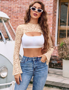 Champagne floral lace mesh long-sleeve crop top with chest cut-out