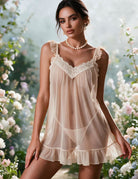 Champagne sheer chiffon babydoll with floral lace neckline and ruffled straps and hem