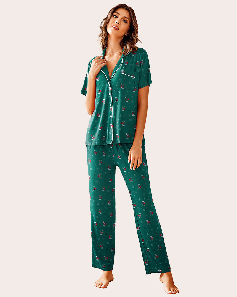 Green Pajamas Set. Soft, comfy sleepwear with white trim and festive patterns for women.