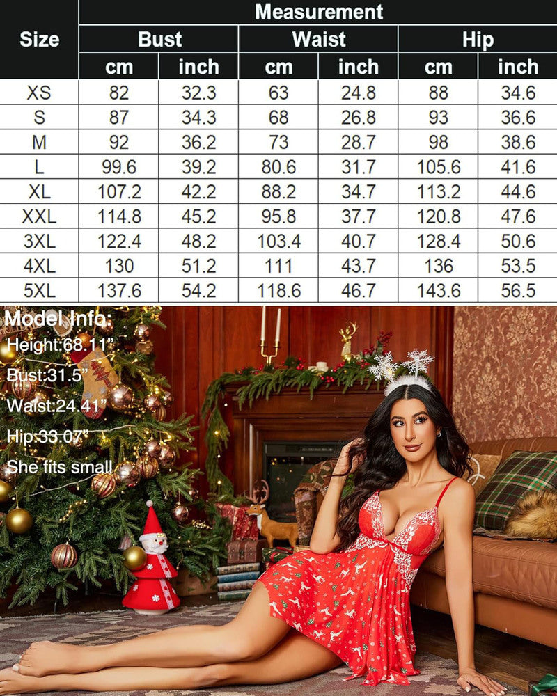 Christmas red babydoll lingerie with a reindeer print and a snowflake headband with a size chart
