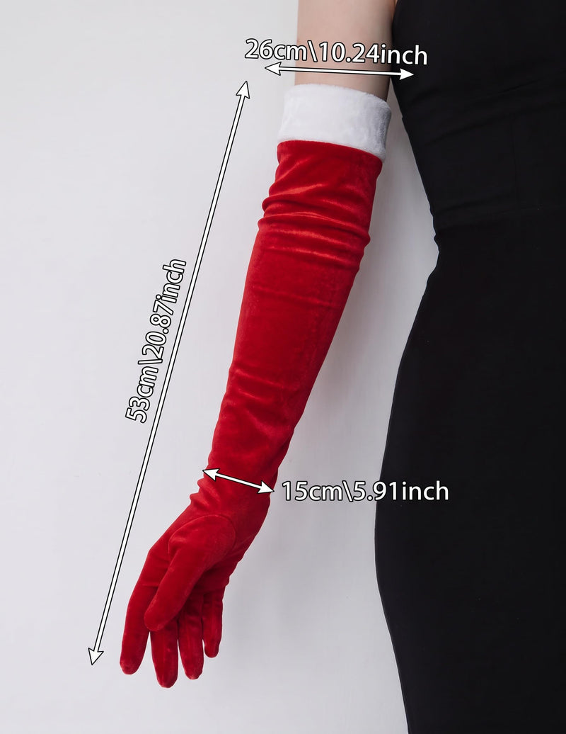 Long red velvet glove with white cuff and measurement labels