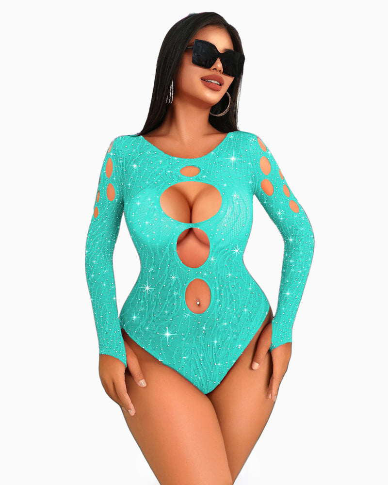Teal rhinestone fishnet bodysuit; cut-out design, long sleeves, sexy lingerie for women