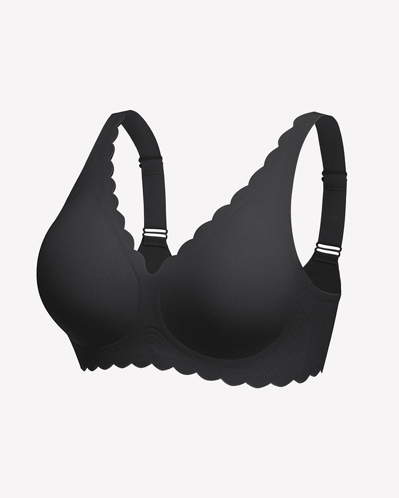 Black seamless V-neck bra with scalloped edges, full coverage, smooth fabric, and adjustable straps