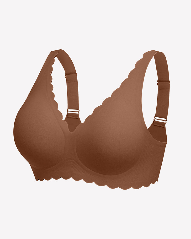 Brown seamless V-neck bra with scalloped edges, full coverage, smooth fabric, and adjustable straps