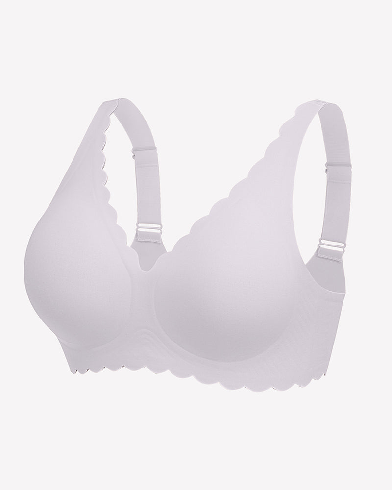 White seamless V-neck bra with scalloped edges, full coverage, and smooth fabric