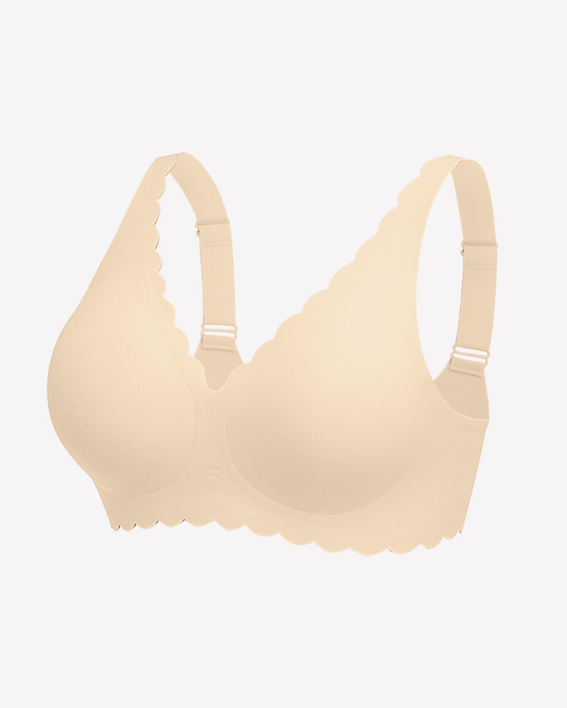Beige seamless V-neck bra, scalloped edges, full coverage, smooth fabric, adjustable straps