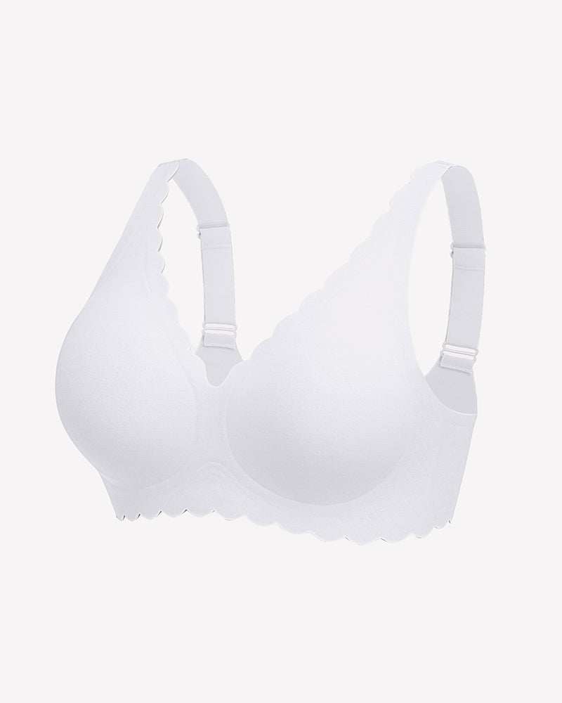 Seamless white V-neck bra with scalloped edges, full coverage, and smooth fabric