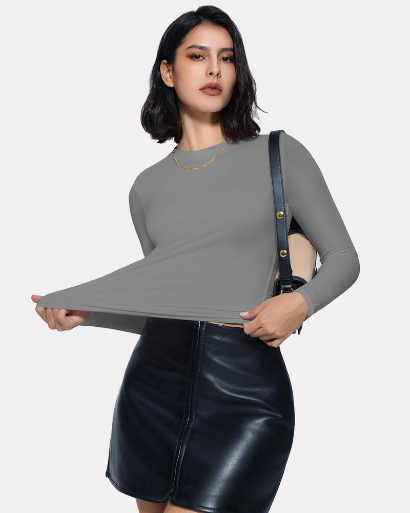 Gray double-lined Y2K top, lightweight and breathable loungewear, black leather skirt, model.