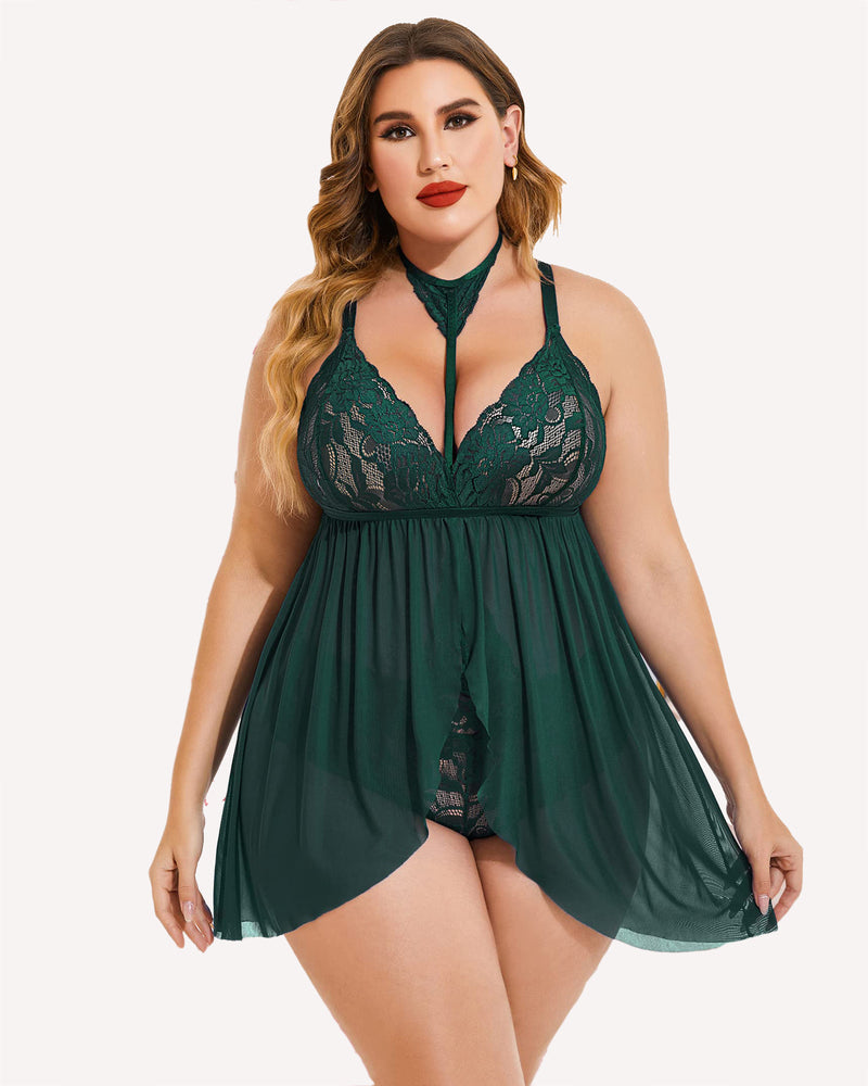 Plus Size Dark Green Lace Babydoll Lingerie with Mesh Overlay and Choker