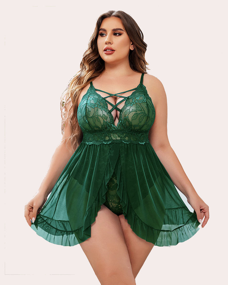 Plus Size Emerald Green Babydoll Lingerie with Lace Bodice, Criss-cross Straps, and Snap Crotch