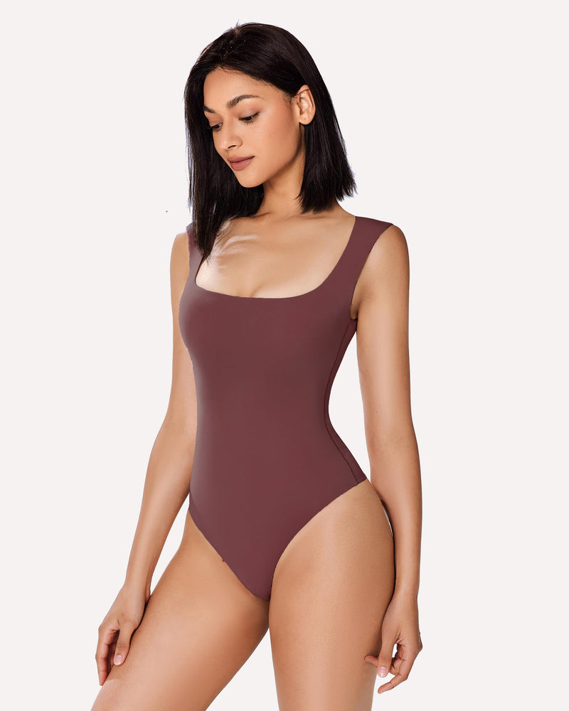Avidlove square neck bodysuit in dark brown, highlighting smooth fabric and body curves