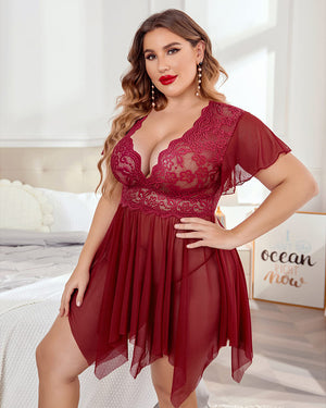Plus Size Sexy Red Halter Neck Babydoll Lingerie - Leopard & Lace