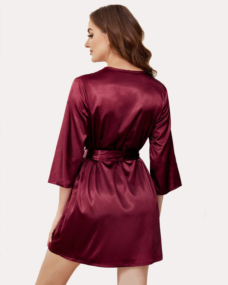 Burgundy satin short kimono robe with sash tie from Avidlove, soft and comfortable silky fabric