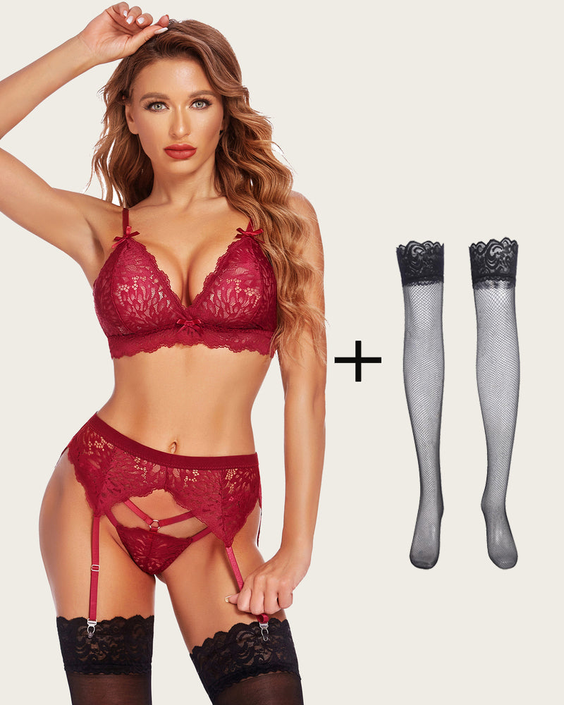 avidlove 3 piece lace leaves bra and panty set with garter blet