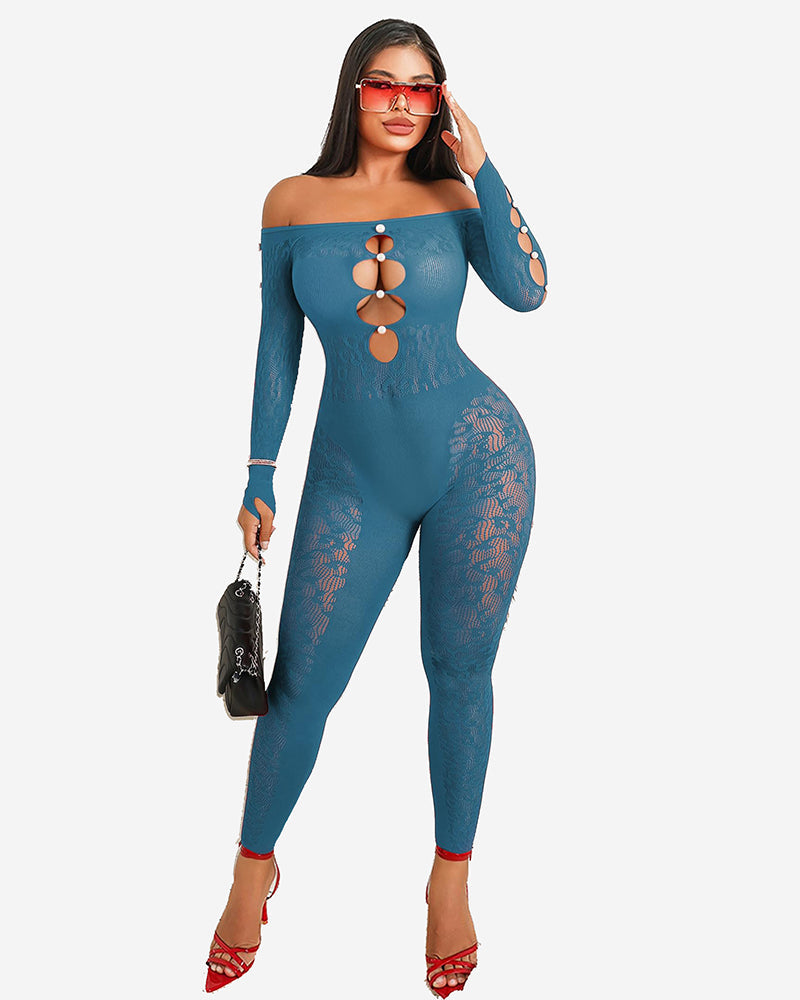 Teal fishnet bodysuit with off-shoulder design and cut-out details; sexy lingerie for women