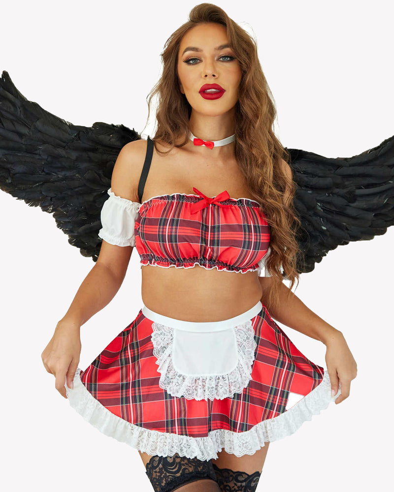 Red plaid maid lingerie with black feather wings; crop top, mini skirt with white lace; sexy outfit