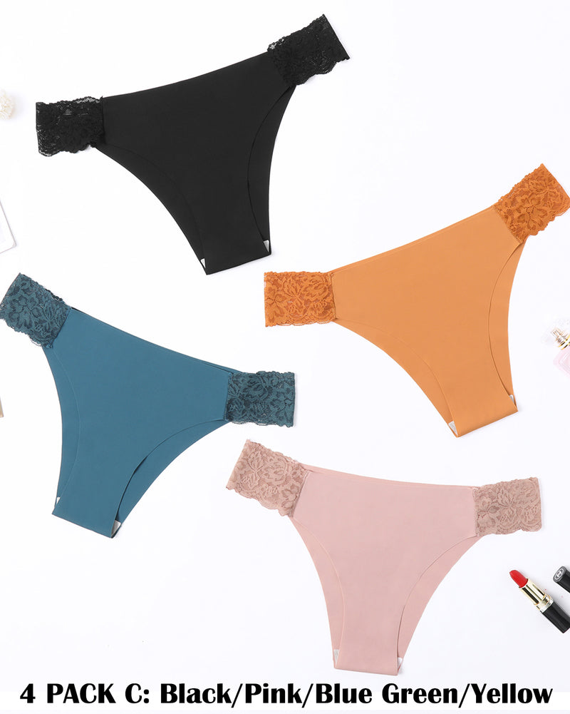 4-piece low-cut seamless panties set in various colors with lace, comfortable lingerie; Avidlove