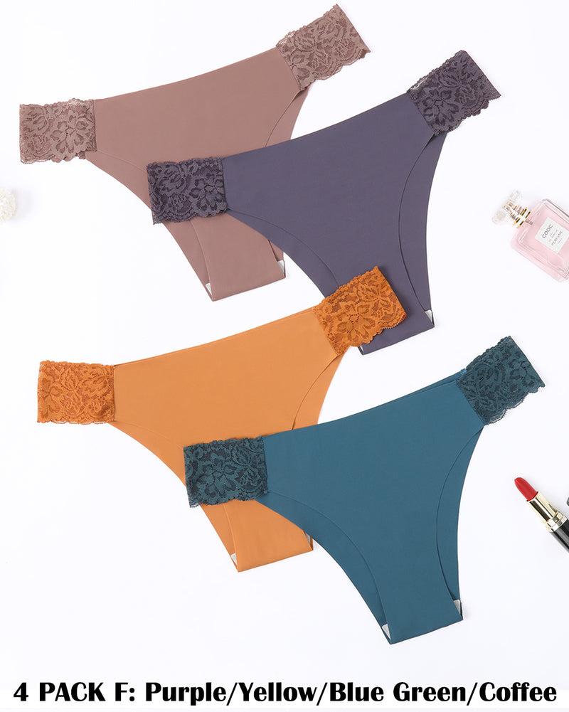 4-Pack Low Cut Seamless Panties with Lace Waistband in Various Colors
