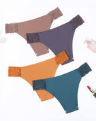 4 pack of lace-cut side panties in purple, brown, orange, and teal with lace waistband