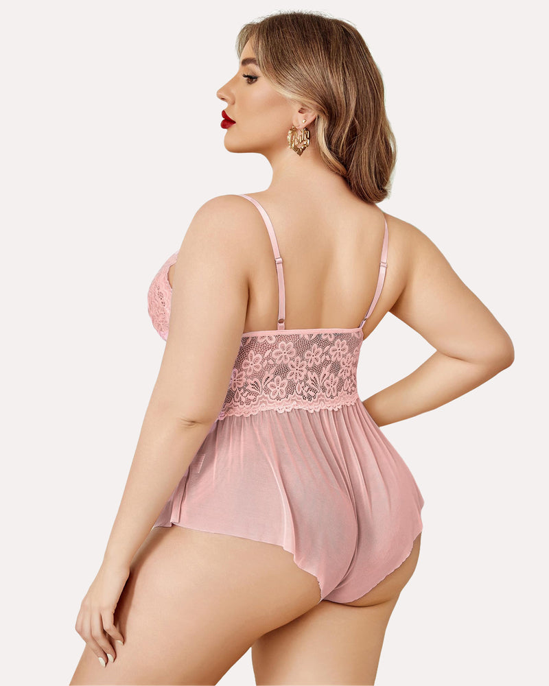 Plus Size Pink Lace Teddy Bodysuit - Comfortable and Sexy Lingerie