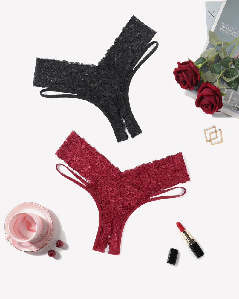 Avidlove Lace Cheeky Panties in black and burgundy. Low-rise, V-shape design. Sexy lingerie.