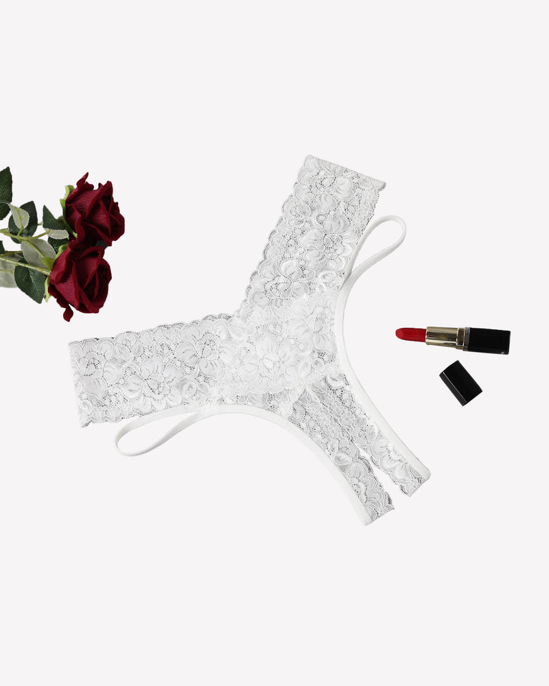 Avidlove white lace V-shape cheeky panties, low-rise, sexy lingerie, red rose and lipstick
