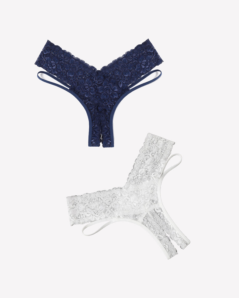 Avidlove navy blue and white lace V-shape cheeky panties. Low-rise design, sexy lingerie.