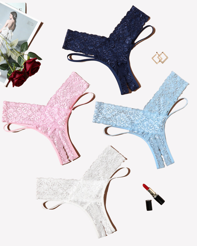 Avidlove Lace Cheeky Panties in navy, pink, light blue, and white. Low-rise, V-shape lace design.