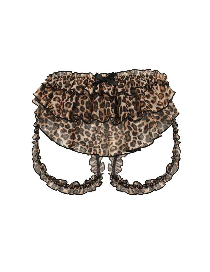 Leopard print ruffle high-waist underwear with tie accents and scalloped mesh trim