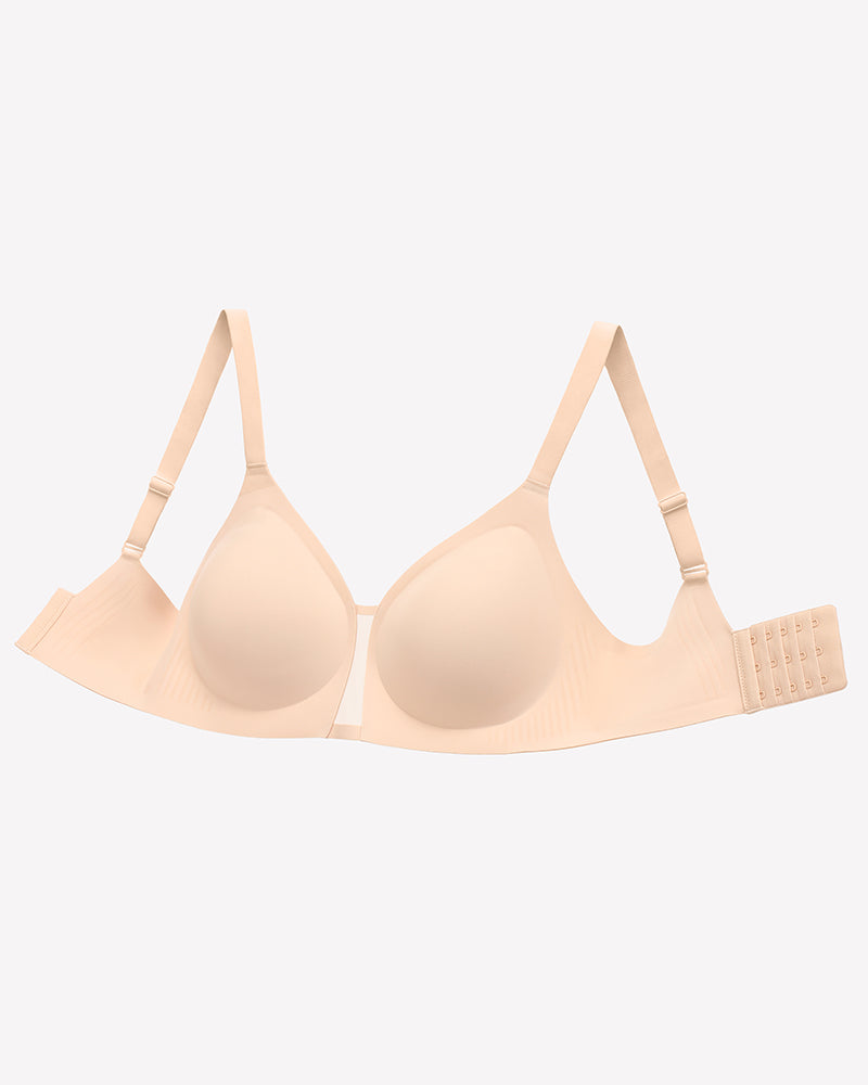 Wireless seamless bralette, beige molded cups with wide straps and adjustable hook band